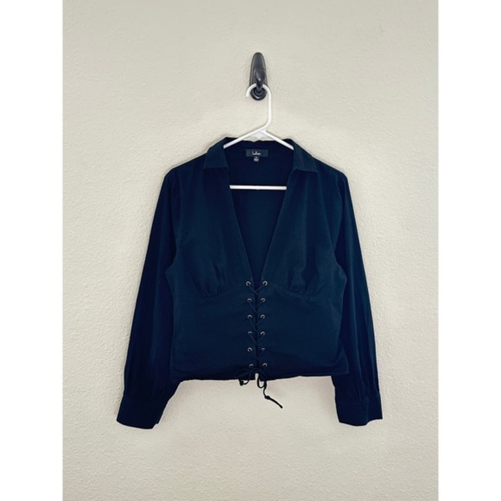 Lulus Lace Up Corset Top Women XL Black‎ Long Sleeve V-Neck Cotton Blouse